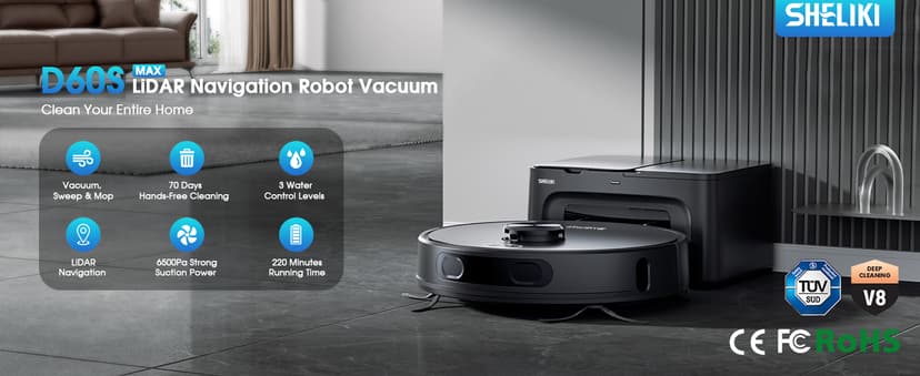 Robot Vacuum and Mop, 3-in-1 Robotic Vacuum Cleaner with 70-Day Self-Emptying Base, 360° LiDAR Navigation, Smart Mapping & Auto-Return, 6000Pa Strong Suction for Pet Hair, Carpets & Hard Floors