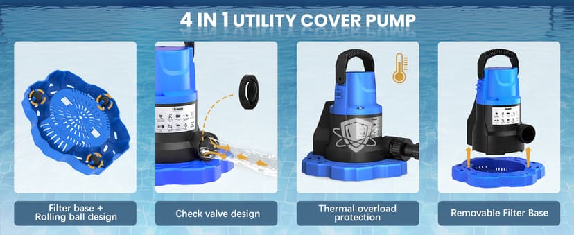 1 HP Automatic Swimming Pool Cover Pump, 5000 GPH 115V Submersible Pump with 3/4” Check Valve Adapter & 26ft Power Cord, Water Removal for Pool, Hot Tubs, Rooftops, Water Beds and more