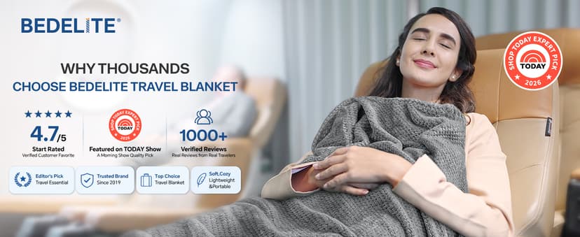 Ultra-soft Airplane Blanket, Luggage Sleeve & Backpack Clip, Travel Essentials for Women, Foldable as Pillow for Long Flight BEDELITE Travel Blanket with Bag, Jacquard Fleece Blanket 65"x40", Blue B0CNJS15T4