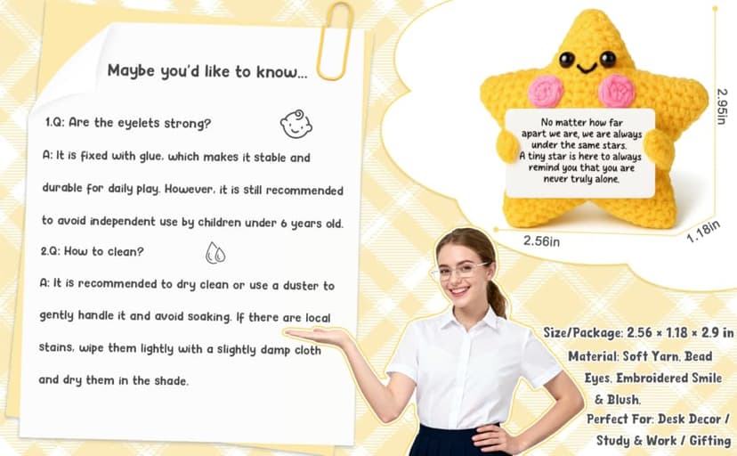 Crochet Yellow Star Doll Friendship Gift - Emotional Comfort Support Decor, Long Distance Relationship Moving Away Farewell Goodbye Leaving Gifts for Women Friend Couple Boyfriend Girlfriend Coworker
