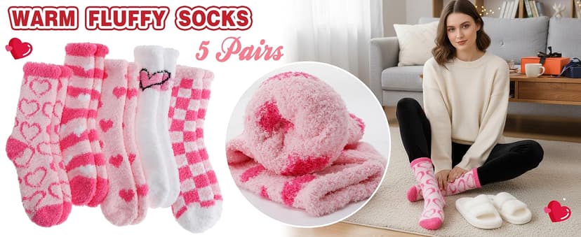 Womens Fuzzy Socks Warm Fluffy Cozy Winter Slipper Thick Fleece Heart Socks 5 Pairs B0DK1SNMFD