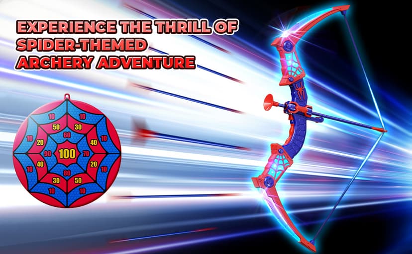Spider Toys for Boys Age 3-4 4-6 6-8 8-12, Kids Toy BowArrow Shooting Set with Red & Blue LED Lights, Spider Quiver & Web Target, 8 Suction Cup Arrows, Toys Gifts for 3 4 5 6 7 8 9 10 12 Year Old Boys