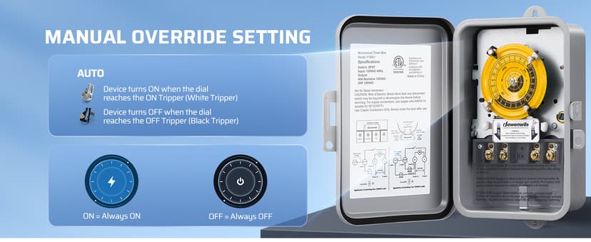 DEWENWILS 24-Hour Mechanical Timer Switch - 120VAC SPST, 2HP 40A, Metal Enclosure, Heavy Duty, Manual Override, Ideal for Pool Pump, Water Heater, Lights and Fans, Weatherproof, ETL Listed, Gray