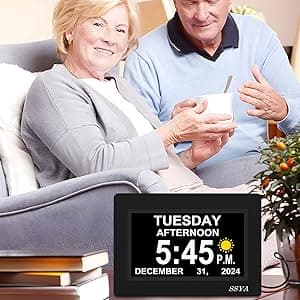 SSYA 7 Inch Calendar Clock - 12 Alarm Options, Level 5 Auto Dimmable Display,Extra Large Impaired Vision Digital Clock with Non-Abbreviated Day & Month (Black)