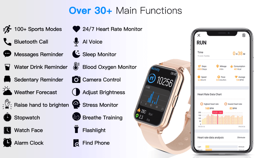 Smart Watch Fitness Tracker Make/Answer calls for Women Men with Heart Rate Blood Oxygen Sleep Monitor Sports Modes Step Calorie Counter IP68 Waterproof for Android Phones iPhone (Rectangle, Black)