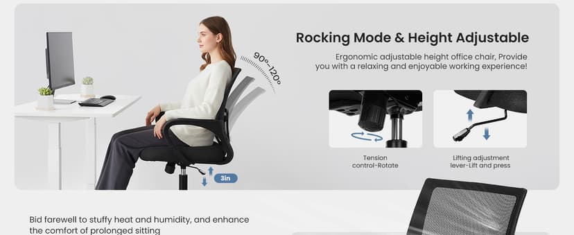 DUMOS Home Office Chair - Ergonomic Mid Back Mesh Desk Chair with Lumbar Support & Rocking Mode, Height Adjustable with Fixed Armrest, for Computer, Gaming, Meeting, 360° Swivel, Black