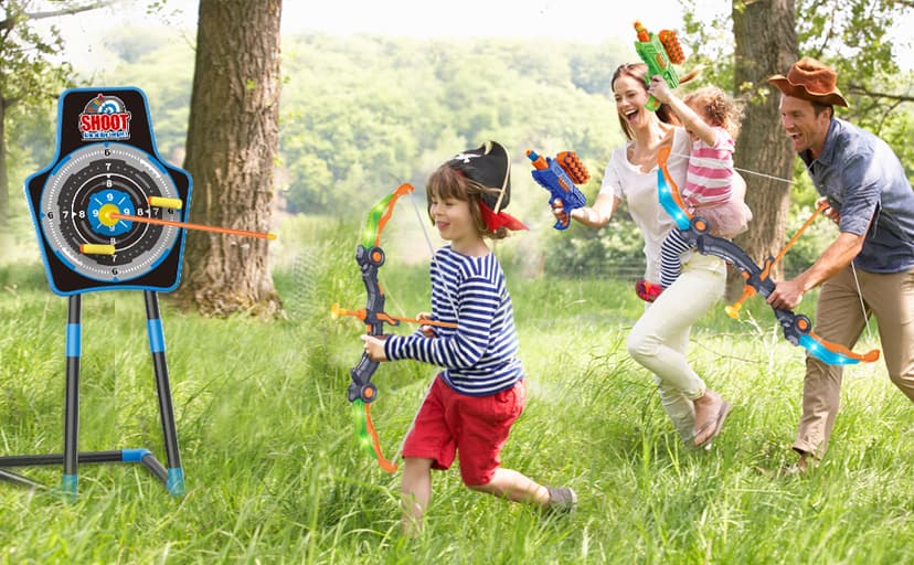 SpringFlower 2 Bow and Arrow Sets with LED Light-up,2 Foam Dart Guns for Kids 5 6 7 8 9 10+ Years Old, Archery Set with Standing Target for Boys & Girl, Ideal Gift