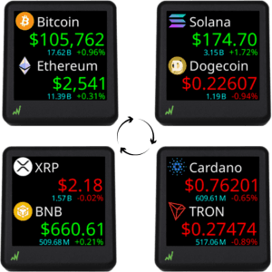 Bitcoin Ticker - Real-Time Crypto Price Display (1.54" Diagonal) for Top 1,000 Coins Like Bitcoin, Ethereum, Dogecoin, and 997 more. Compact Size, Ideal for Desk or Nightstand. Uses Wi-Fi.