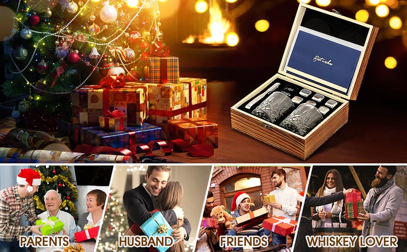 Whiskey Set Gifts for Men, DIOXADOP 6 Stainless Steel Whisky Stones 2 Crystal Whisky Glasses 1 Blessing Card in a Exquisite Wooden Box, Prepare a Gift for Whiskey Scotch Bourbon Lover