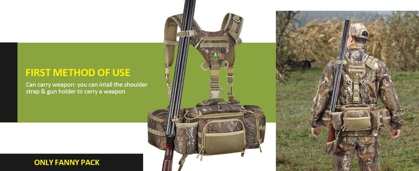Hunting Fanny Pack for Men, Camo Waist Pack for Hunter, Fanny Hunting Backpack with Rifle, Shotgun, and Bow Holder (Fanny Pack Upgrade)