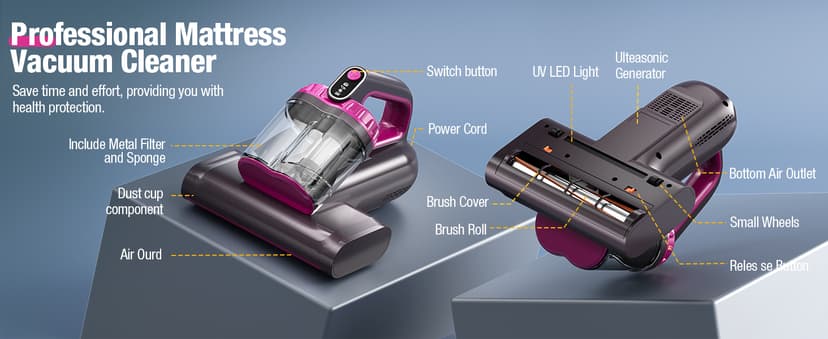 Mattress Vacuum Cleaner, 17Kpa 650W Bed Vacuum Cleaner, 273nm UV-C Light & Ultrasonic 145°F Heating, 80000 RPM/Min Brushroll Rotation, Wide Suction Port for Pillows Cribs Sofa, Black Corded
