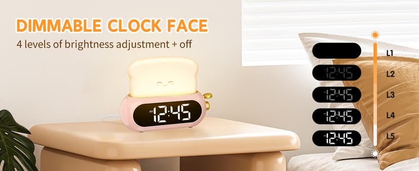 Cute Digital Clock for Bedrooms, Kids Alarm Clocks with Night Light Lamp, 10 Alarm Tones, Adjustable Brightness, Nap Timer, Snooze, Power-off Memory, Bedside Clocks for Girls Kids Teens Birthday Gifts