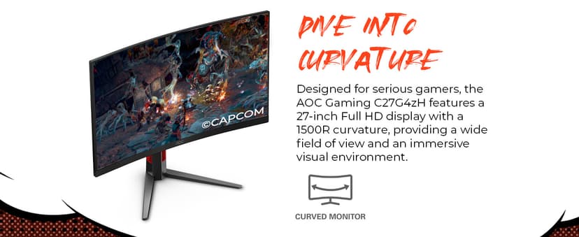 AOC 27" Curved Gaming Monitor, FHD 1080p, 280Hz (DP) 240Hz (HDMI), 0.3ms MPRT, VA Panel 1500R, AMD FreeSync Premium, HDR Ready, Height Adjustable, DisplayPort HDMI C27G4ZH
