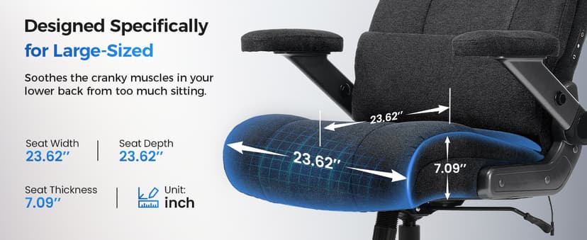 600LBS Big and Tall Massage Office Chair, Extra Wide Seat - 3D Kneading Massage & Heat Office Chair with Heavy Duty Metal Base, 3D Flip Arms, Fabric Ergonomic with Thick Spring Cushion