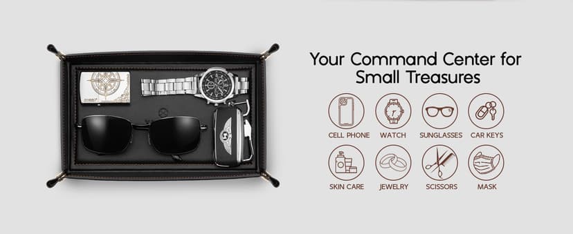 Travel Valet Tray for Keys, Wallet, Watch, Phone and Glasses, Nightstand Dresser Desk Entryway Organizer for Men and Women VLANDO Valet Tray for Men, Foldable PU Leather Catchall Tray, Black B0H5VHQ9Q9