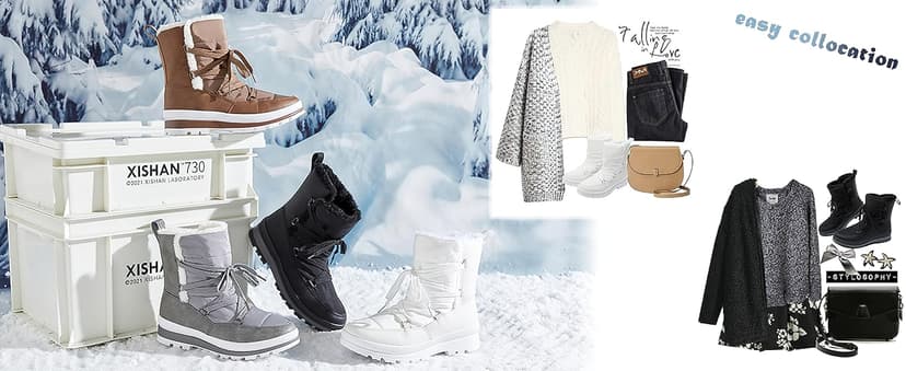 Rominz Women's Winter Snow Boots - Waterproof Black Fur Lined Warm Mid Calf Non-Slip Ankle Boots - White Lace-Up Platform