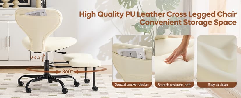 YFO Ergonomic Cross Legged Office Chair and ADHD Meditation Chair with Silent Wheels for Home Office Desk Chair and Yoga, Wider Backrest Support and Storage Pockets Design, PU Leather, Cream
