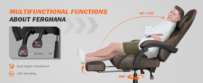 Ferghana Vintage PU Leather Gaming Chair, Ergonomic Gamer Chair with Massage, High Back Computer Office Chair with Footrest for Adults, Racing Style Reclining Video Game Chair (Brown)