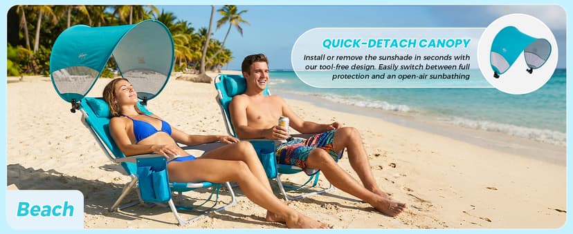 #WEJOY Beach Chair with Canopy Shade, Reclining Adjustable 4 Position, Lay Flat Lightweight Folding Portable Aluminum Chair with Backpack Straps,Padded headrest, Heavy Duty 400lbs Lawn Chair for Beach