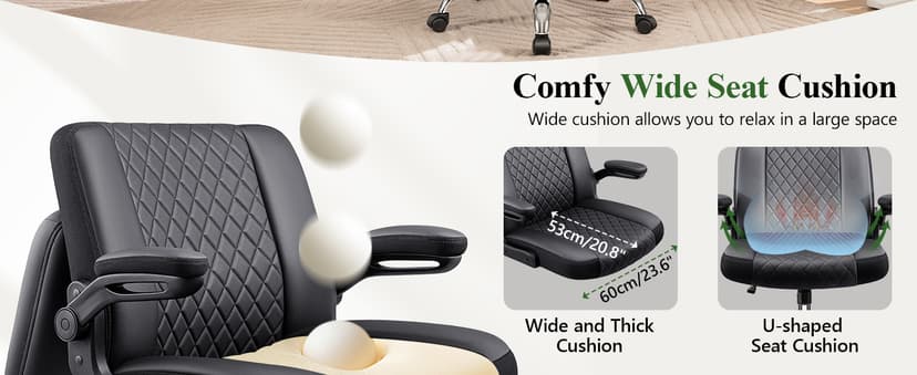 Criss Cross Office Chair with 2-in-1 Flip Backrest – Ergonomic PU Leather Floor Sitting Chair, Adjustable Height, 360° Swivel & Flip-Up Arms, Extra-Wide Seat for Home Office, Vanity, Nail Salon-Black