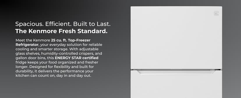 Kenmore 33" Top Mount Refrigerator with Freezer - Adjustable Shelving, Humidity-Controlled Crispers, Optional Ice Maker, LED Lighting, ENERGY STAR Certified, 25 cu. ft. Capacity - White
