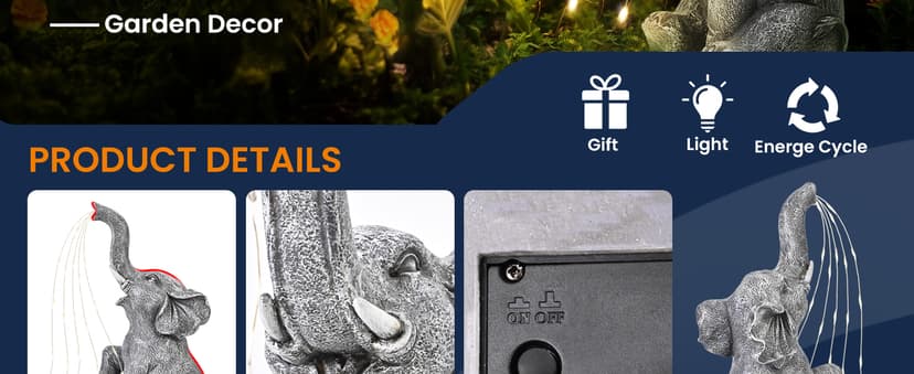 GIGALUMI Solar Garden Decor Watering Elephant Statues Outdoor, Birthday Gifts for Women Mom Grandma Senior Elder, Elephant Ornament for Balcony, Garden, Patio, Yard, Lawn (Constant Lights Only)