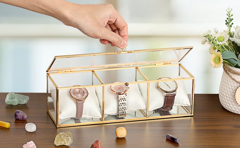 JUXYES JUXYES Clear Glass Watch Display Case with 3 Slots, Luxury Brass Glass Watch Organizer Holder Stand with White Watch Pillow, Modern Transparent Watch Collection Box for Men and Women, Gold