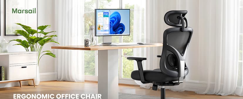 Marsail Ergonomic Office Chair Ergonomic Gaming Chair with Lumbar Support, 2D Headrest, Adjustable Armrests, Contoured Seat Cushion, Computer Desk Chair with Wheels for Home and Office