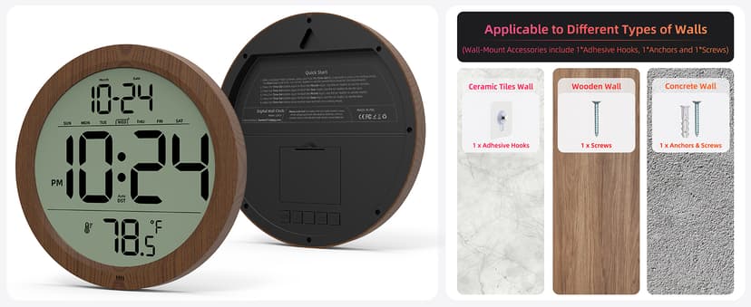 Digital Wall Clock with Date, Indoor Temperature, Auto-DST, Battery-Operated Digital Clock, 8 Inch Small Decorative Wood Wall Clock for Bedroom, Living Room, Kitchen, Office, Modern, Electric, Simple