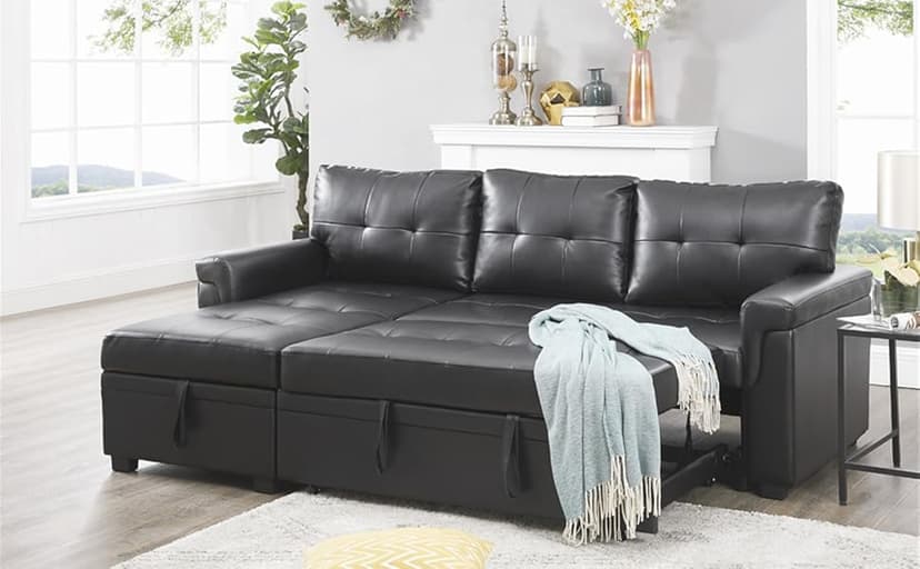 Naomi Home Modern Sectional Sofa with Storage Chaise Black/Air Leather