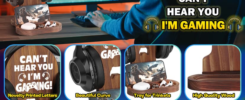 Slothoem-Gamer Gifts for Men Teenage Boy, Gamer Room Decor for Brother, Gaming Gifts for Son, Boyfriend, Husband, Gamer Room Accessories Stuff, Wooden Headset Stand - Can't Hear You I'm Gaming
