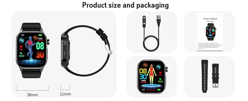 Smart Watch for Men Women, 2.04" AMOLED Color Screen, 24/7 Heart Rate, Blood Oxygen, Blood Pressure, Sleep and Stress Health Monitor, Blood and Body Composition Insights, 150 Sports Modes (Black)