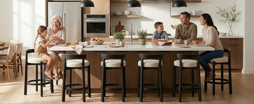 LukeAlon Mid Century Linen Counter Stools Set of 3, Upholstered 26.5" Seat Height Low Barstools with Natural Wood Legs Round Low Back Kitchen Stools with Footrest for Dining Room, Beige