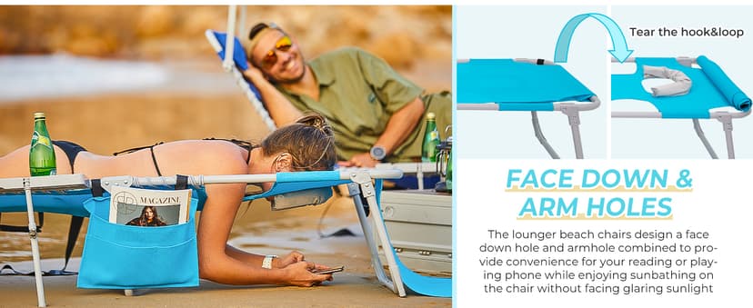 #WEJO 4-in-1 Tanning Chair with Face Hole and Side Table - 5-Position Face Down Folding Chaise Lounge with Canopy Shade & Cup Holder - Portable Heavy Duty Tanning Bed for Beach, Pool, Patio (Khaki)