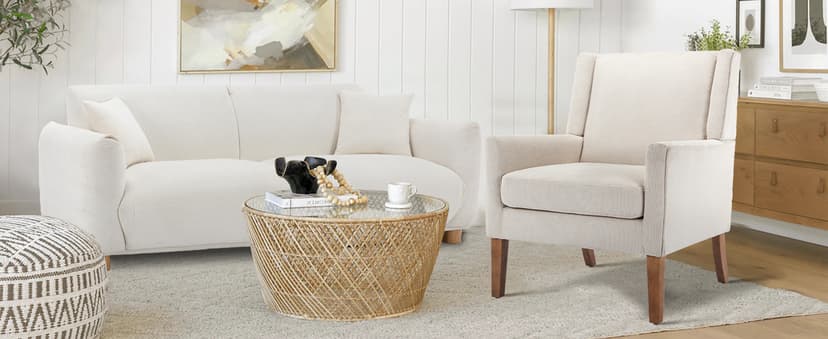 COLAMY Modern Wingback Living Room Chair, Upholstered Fabric Accent Armchair, Single Sofa Chair with Lounge Seat and Wood Legs for Office/Bedroom/Reading Spaces, Beige
