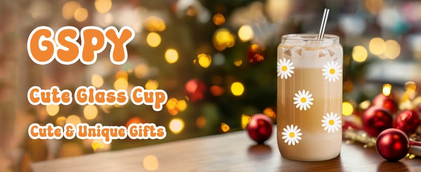GSPY Daisy Aesthetic Gifts, Iced Coffee Cup, Cute Glass Cups with Lids and Straws - Cute Mugs, Flower Mug, Glass Tumbler - Retro, Christmas, Birthday Gifts for Women, Coffee Lovers, Friend, Girls, Mom