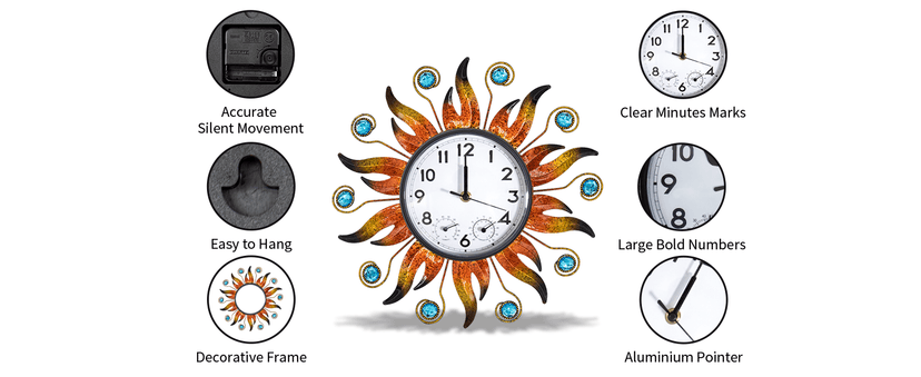 HOBYLUBY Sun Outdoor Clock with Thermometer and Hygrometer Combo, Silent No-Ticking Outdoor Wall Clock, Waterproof Quartz Clock for Patio, Living Room, Kitchen, Garden, 13 Inch