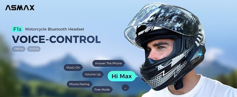 ASMAX F1s Motorcycle Bluetooth Headset With Smart Voice Control, 10 Riders Mesh Helmet Communication Systems, Dual Chip with Audio Multitasking/ENC/No-Magnet Mount, 5mi Intercom for Snowmobile, 2 Pack
