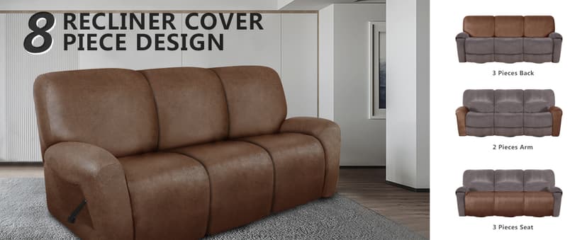 molasofa Recliner Sofa Covers - Leather Like Recliner Sofa 3 Seater Recliner Couch Covers for 3 Cushion Couch 8 Pieces Washable Stretch Reclining Sofa Slipcovers (Brown)