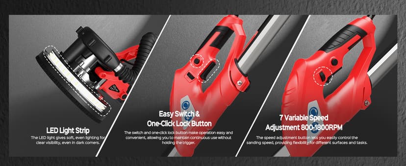 Drywall Sander, 2025 Upgraded 8-Amp Popcorn Ceiling Removal Tool with 7 Variable Speed 800-1800RPM, Drywall Sander with Vacuum Dust Collector with Extendable Handle, LED Light, 12pcs Sanding Discs,Red