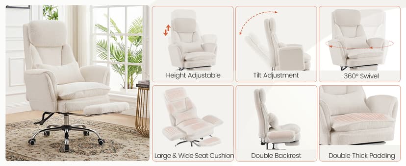 Furniliving Criss Cross Office Chair with Armrests & Wheels, Big and Tall Office Chair with Footrest, Flip Armrests for Pets, Wide Seat Cross Legged Desk Chair, Ergonomic Computer Chair, Teddy, White