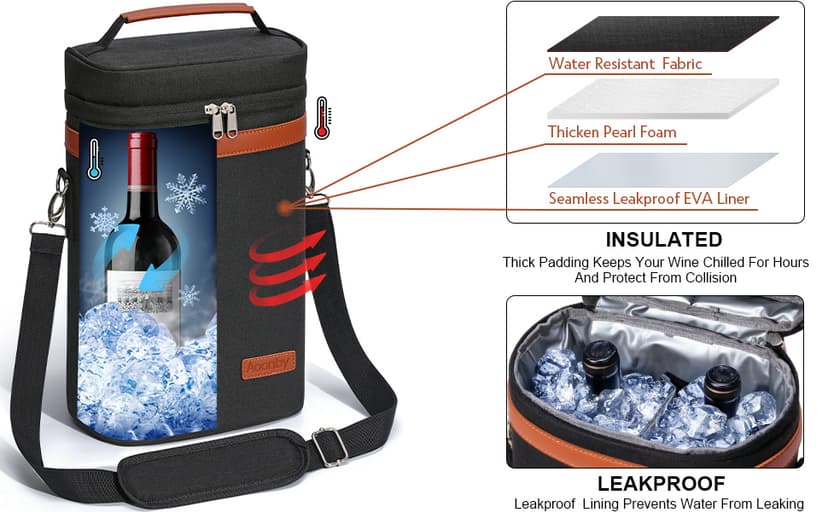 2 Bottle Wine Bag Wine Cooler Carrier Wine Gift Tote Bag, Leakproof & Insulated Bottle Bags for Travel, BYOB, Beach, Dinner, Party, Christmas Gifts for Wines Lovers Women Men - Black