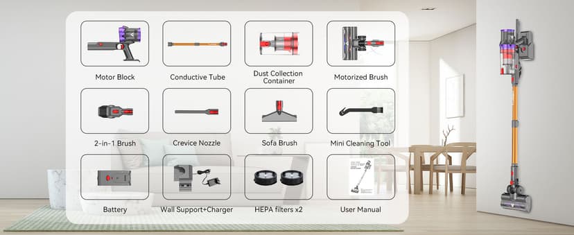 Coovy SU7 Cordless Vacuum Cleaner 580W 50Kpa 80 Minutes Runtime Stick Vacuum with Touch Screen Anti-Tangle Wireless Powerful Lightweight LED Vac for Home Pet Hair Carpet Hardwood, Gold