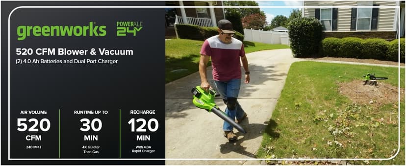Greenworks 48V (24V x 2) Cordless Brushless Leaf Blower/Vacuum (520 CFM / 240 MPH) with Bag, Powerful & Efficient for Yard Debris Cleanup, Includes (2) 4.0Ah Battery & Dual Port Charger
