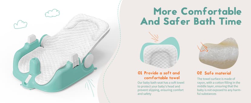 BabyBond Baby Bath Seat with Sitting & Lying 2 Modes, 3-Speed Adjustment, Powerful Suction Cups, Infant Bathtub Chair with Soft and Comfortable Towel, Folding and Hanging