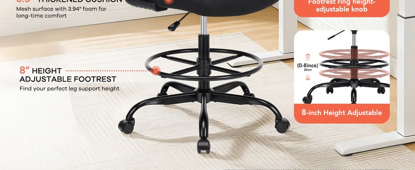 Drafting Chair, Tall Office Chair for Standing Desk, Mesh High Desk Chair with Flip-Up Armrests, Ergonomic Office Chair with Lumbar Support, Adjustable Footrest Ring Studio Chair, Black