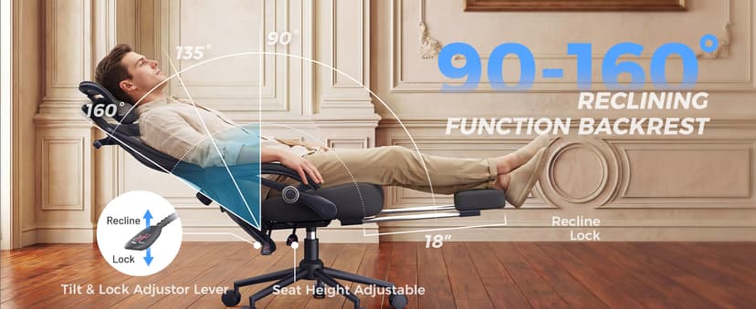 Ergonomic Office Chair with Footrest - Adjustable Lumbar Support & Headrest, 90-160° Reclining Mesh Back Computer Chair - Home Office/Gaming, 350lbs Capacity