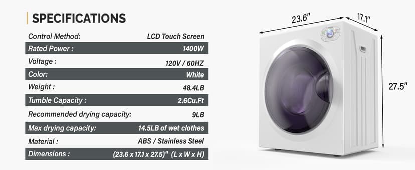 ROVSUN 25LBS Full Automatic Washing Machine and 2.6CuFt Portable Clothes Dryer Set, Electric Laundry Washer and Dryer Combo Set with Stainless Steel Inner Tub, for Apartment, Dorms, Home