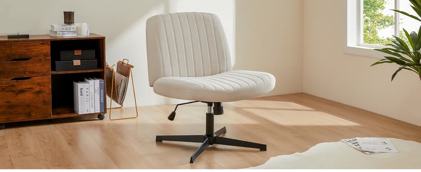 DUMOS Desk Chair No Wheels, Criss Cross Chair Wide Cross Legged Office Desk Vanity Comfy Chair, Armless Adjustable Swivel Chairs for Home Computer Task Beige