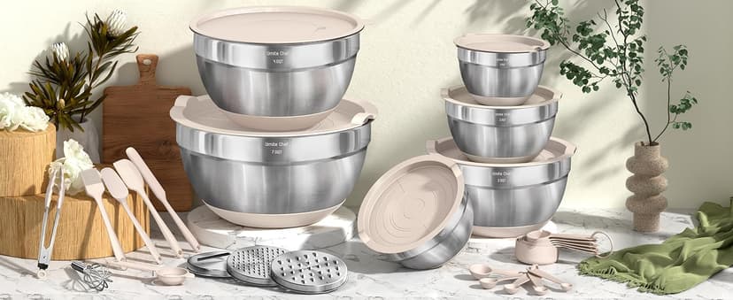 Mixing Bowls with Airtight Lids Set, 26PCS Stainless Steel Khaki Bowls with Grater Attachments, Non-Slip Bottoms & Kitchen Gadgets Set, Size 7, 4, 2.5, 2.0,1.5, 1QT, Great for Mixing & Serving